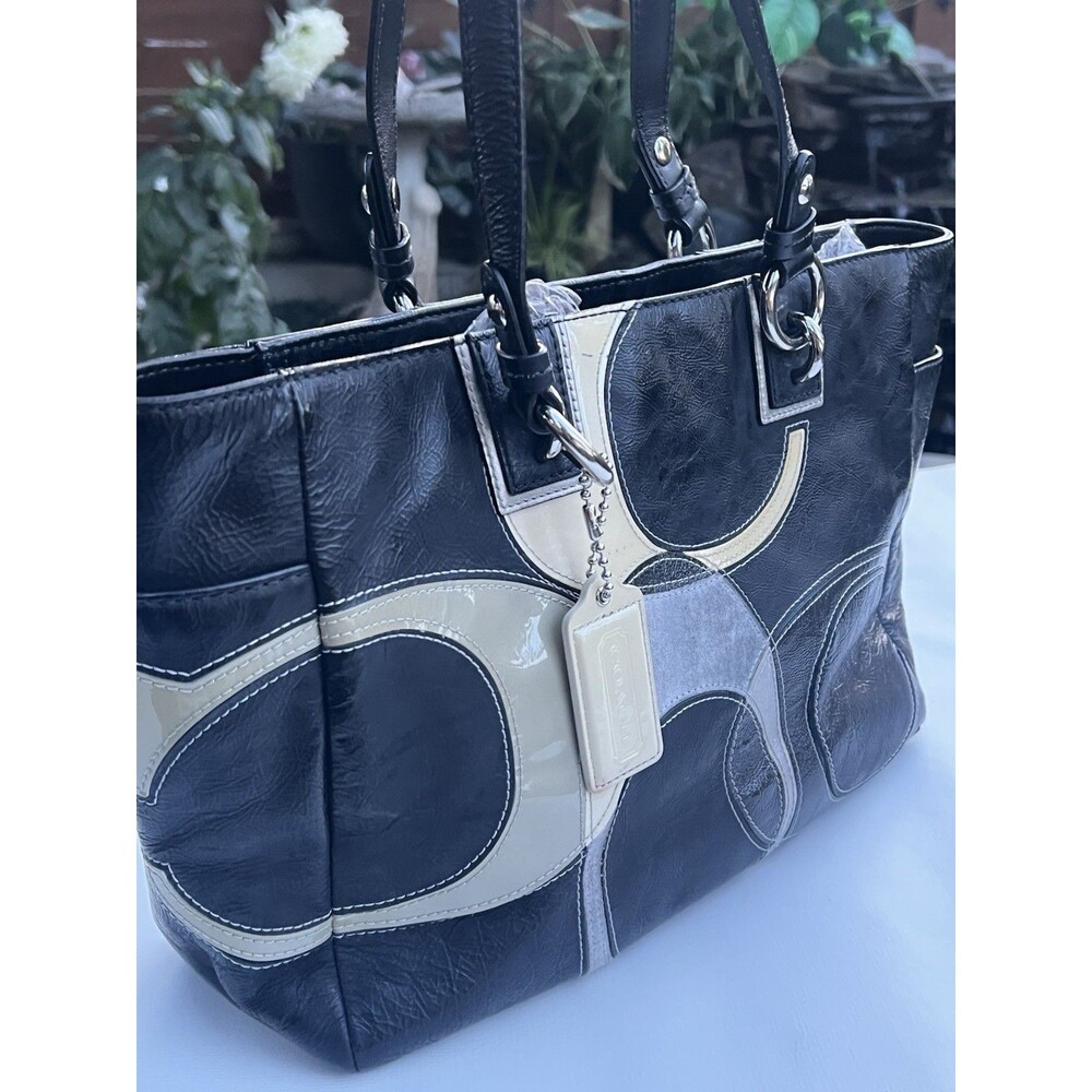 Coach Black Crinkle Leather Patchwork C Logo Tote Bag Cream Silver Grey Accent